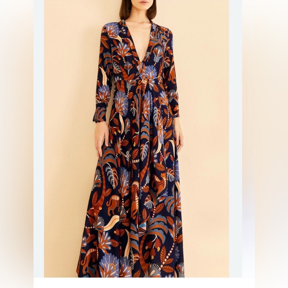 FARM Rio Blue Nature Beauty Vibrant Long Sleeve Maxi Dress NWT XXS